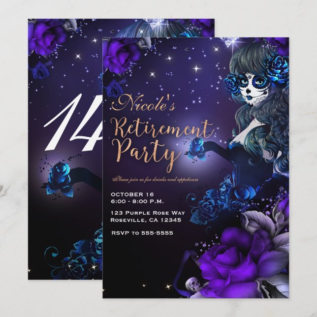 Day of the Dead Girl Purple Blue Retirement Party Invitation (Front/Back)