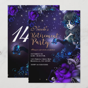 Day of the Dead Girl Purple Blue Retirement Party Invitation