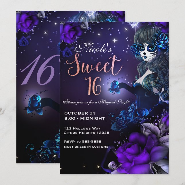 Day of the Dead Girl Purple Blue Sweet 16 Party Invitation (Front/Back)