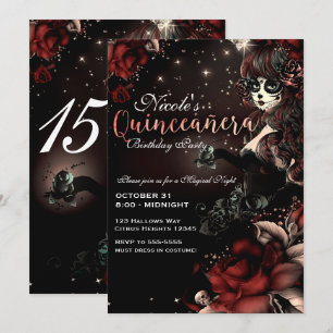 Day of the Dead Girl Red Black Quinceañera Party Invitation