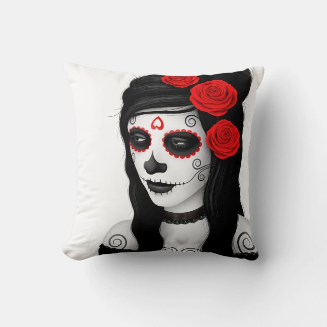 Day of the Dead Girl with Roses White Cushion (Front)