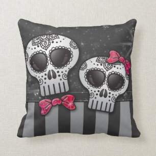 Day of The Dead Glitter Sugar Skulls Pirate Stripe Cushion