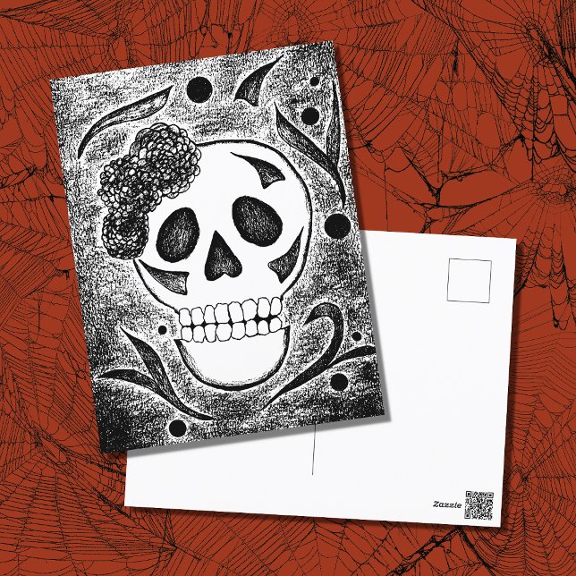 Day of the Dead Halloween Black White Sugar Skull Holiday Postcard (Creator Uploaded)