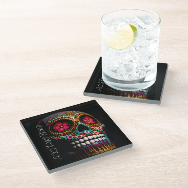 Day of the Dead Halloween Cute Painted Skull Glass Coaster (Angled)