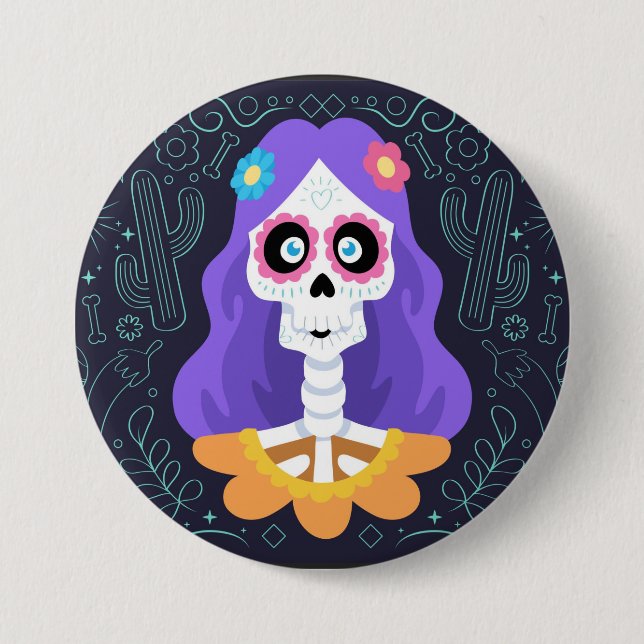 Day of the Dead Halloween Sugar Skull Button (Front)