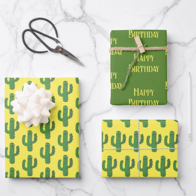 Day of the Dead Happy Cactus Custom Birthday Wrapping Paper Sheet (Front)