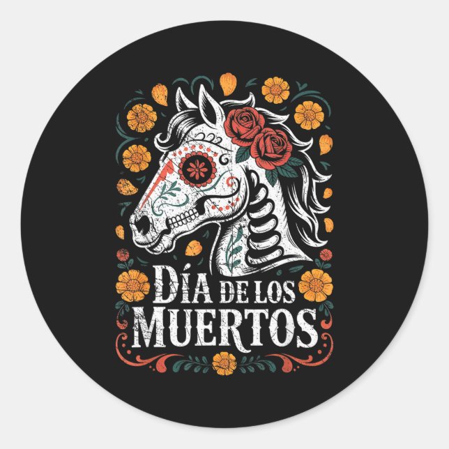 Day Of The Dead Horse Halloween Sugar Skull Costum Classic Round Sticker (Front)