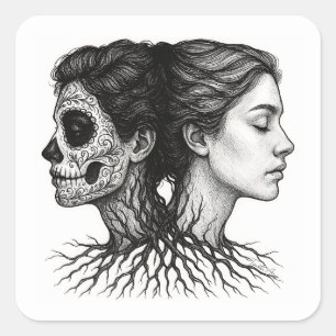 Day of the Dead Life and Death Drawing Square Sticker