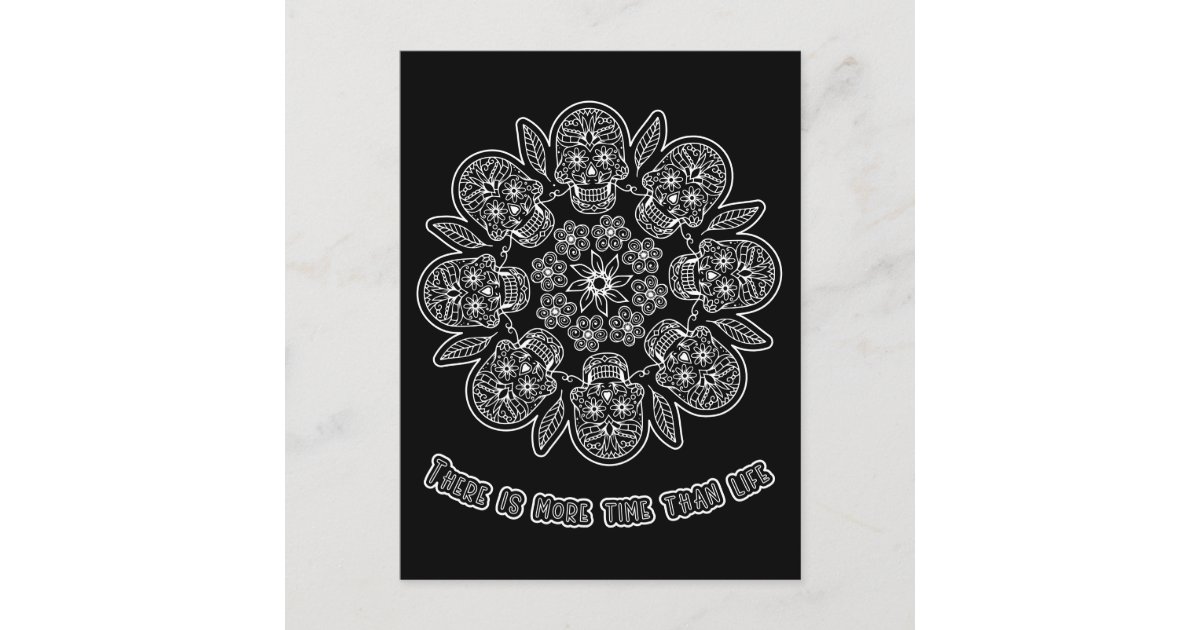Day of the Dead Mandala Black Background Colouring Postcard | Zazzle