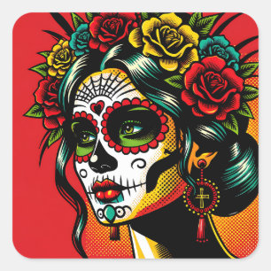 Day of the dead Mexican Catrina Roses Square Sticker