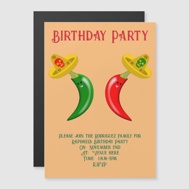 Day of the Dead Mexican Chilis Custom Birthday Magnetic Invitation (Front/Back)
