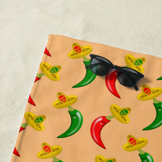 Day of the Dead Mexican Chilis Patterned Beach Towel (In Situ)