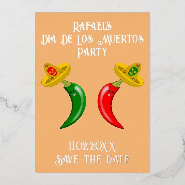 Day of the Dead Mexican Chilis Save the Date Foil Holiday Card (Front)