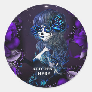 Day of the Dead Mexican Girl Birthday Party Purple Classic Round Sticker