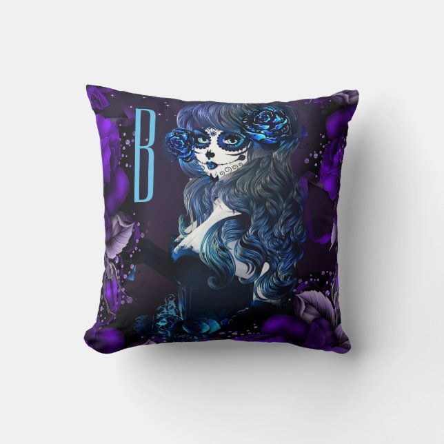 Day of the Dead Mexican Sugar Skull Girl Purple Cushion (Front)