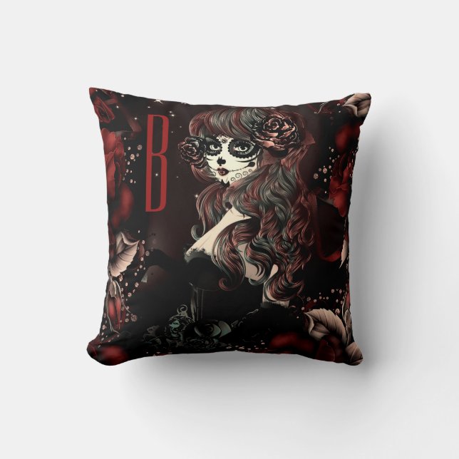 Day of the Dead Mexican Sugar Skull Girl Red Cushion (Front)