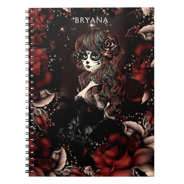 Day of the Dead Mexican Sugar Skull Girl Red Roses Notebook (Front)