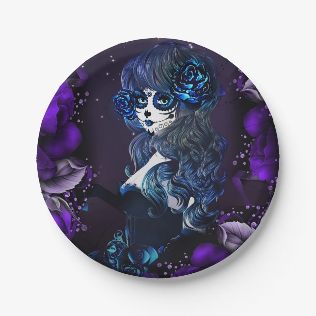 Day of the Dead Mexican Sugar Skull Purple Party Paper Plate (Front)