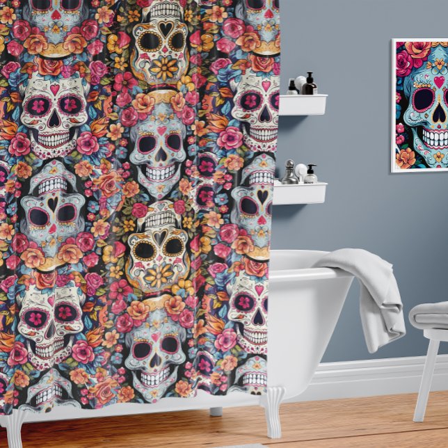 Day of the Dead Mexican Sugar Skull  Shower Curtain (You can scale the size of the skull pattern up or down in the customization options.)