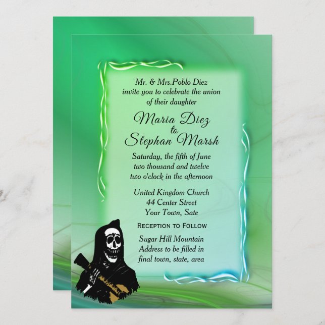 Day of the Dead Misty Green Wedding Invitation (Front/Back)