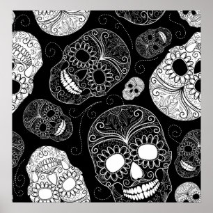 Day of the Dead Mosaic Art Black & White Poster
