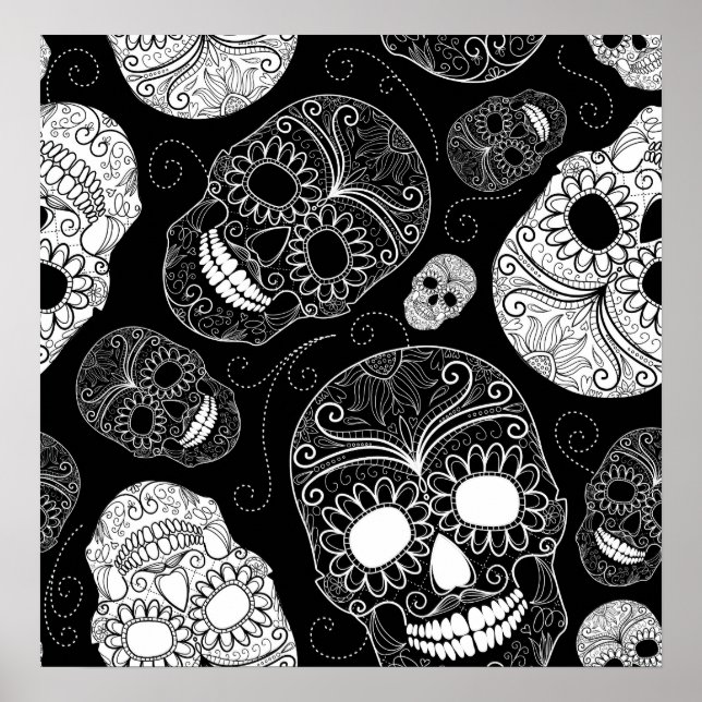 Day of the Dead Mosaic Art Black & White Poster (Front)