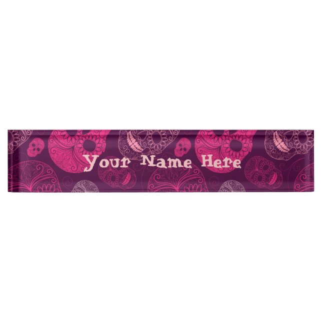 Day of the Dead Mosaic Art Pink & Purple Nameplate (Front)