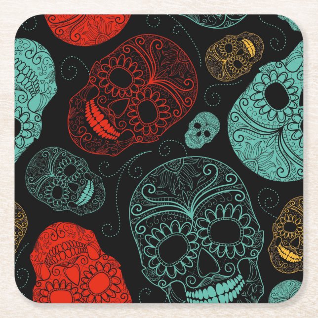 Day of the Dead Mosaic Art Red & Blue Square Paper Coaster (Front)