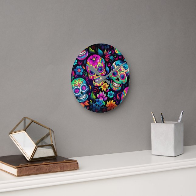 Day of the Dead Neon Sugar Skulls Round Clock (Office)