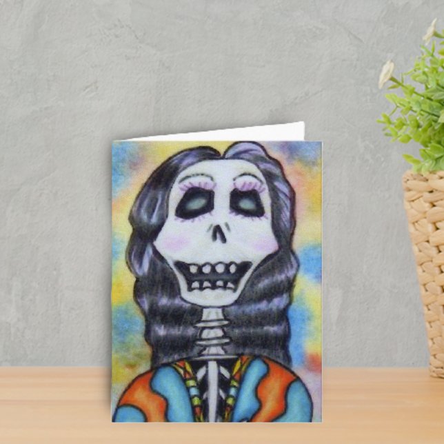 Day of the Dead Notecard (Day of Dead happy Lady Skeleton in orange and blue on colourful Halloween notecard.)
