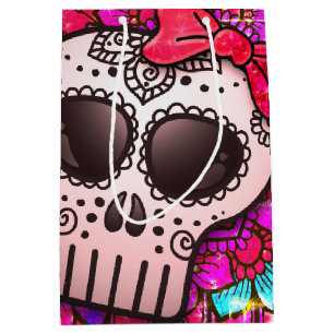 Day of the Dead Red Hot Pink Glitter Sugar Skull Medium Gift Bag