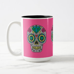 Day of the Dead Roses and Crystal Skulls on Pink Two-Tone Coffee Mug