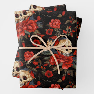 Day of the Dead Skull and red Roses Wrapping Paper Sheet