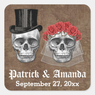Day of the Dead Skull Couple Wedding Favour Square Sticker