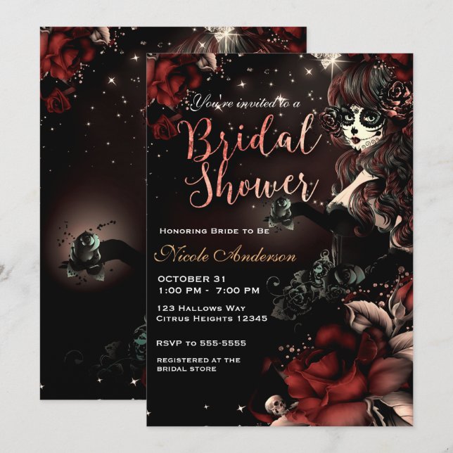 Day of the Dead Skull Girl Red Black Bridal Shower Invitation (Front/Back)