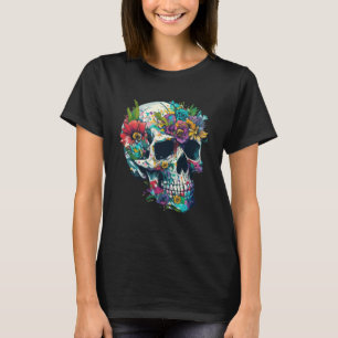Day Of The Dead Skull With Colourful Flowers Flowe T-Shirt