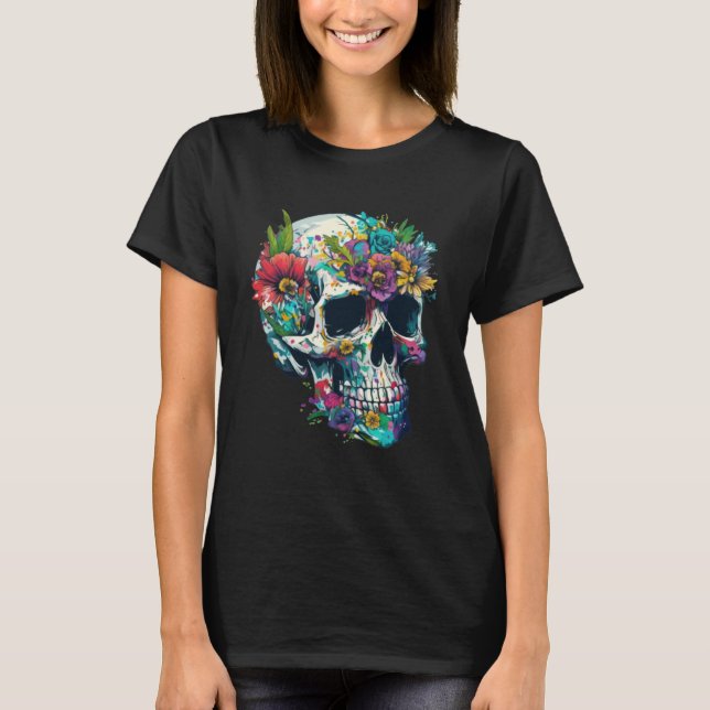 Day Of The Dead Skull With Colourful Flowers Flowe T-Shirt (Front)