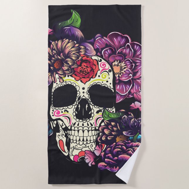 Day of the dead skull with flowers beach towel (Front)