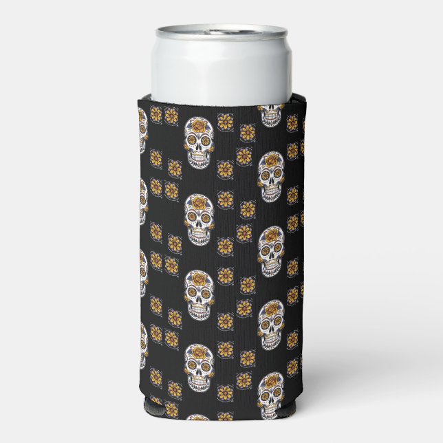 Day of the dead skull with flowers pattern black seltzer can cooler (Seltzer Front)
