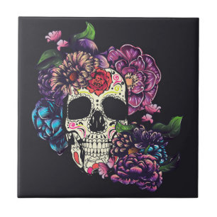 Day of the dead skull with flowers tile