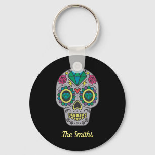 Day of the Dead Skull with Rose and Crystal Key Ring