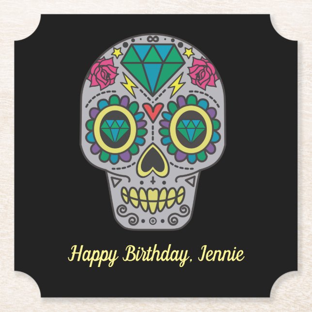Day of the Dead Skull with Rose and Crystal Paper Coaster (Front)