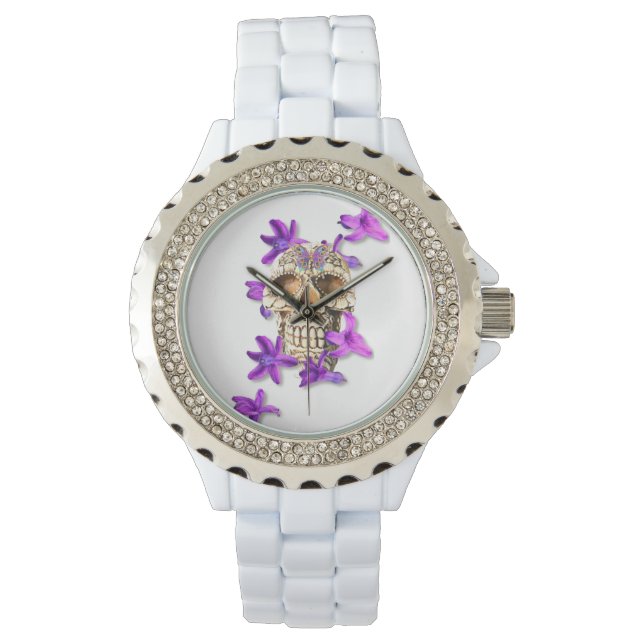 Day of the Dead Skull with Violets & Butterflies Watch (Front)