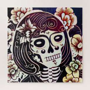 Day of the Dead Skull Woodcut (2) Jigsaw Puzzle