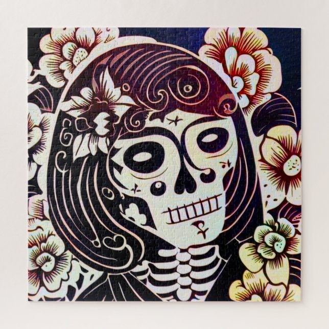 Day of the Dead Skull Woodcut (2) Jigsaw Puzzle (Vertical)