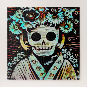 Day of the Dead Skull Woodcut (4) Jigsaw Puzzle