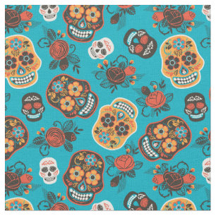 Day of the Dead Skulls Blue & Orange Fabric