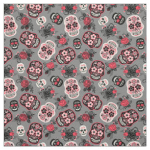 Day of the Dead Skulls Rose & Grey Fabric