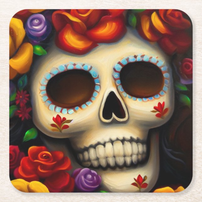 Day of the Dead Sugar Skull 2 Square Paper Coaster (Front)