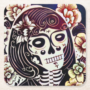 Day of the Dead Sugar Skull 2 Square Paper Coaster